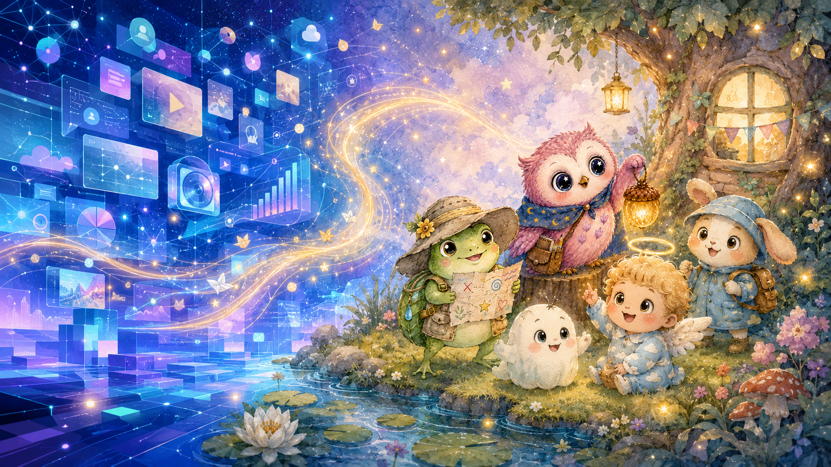 Random Creative Sparks characters — frog, owl, ghost, cherub, and rabbit